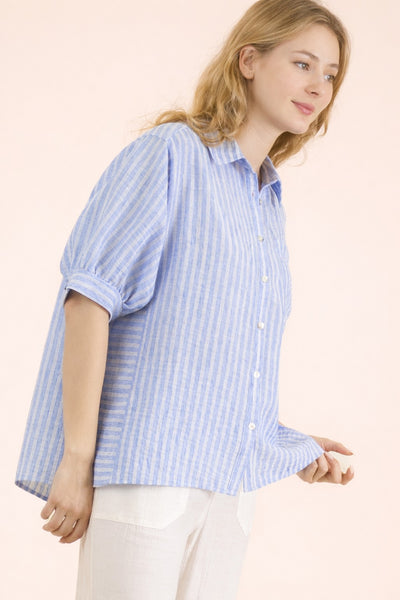 Striped Half Puff Sleeve Button Top