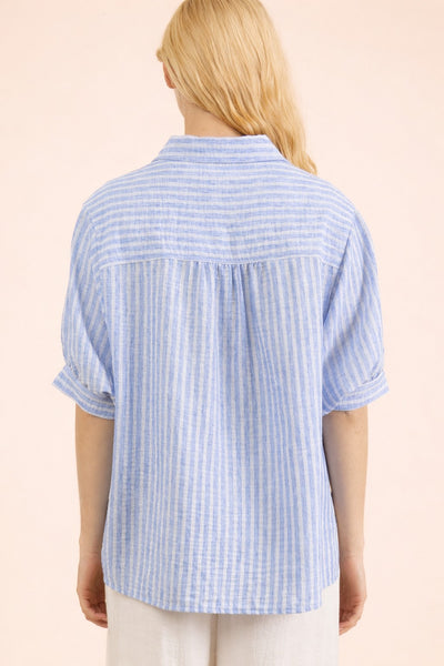 Striped Half Puff Sleeve Button Top
