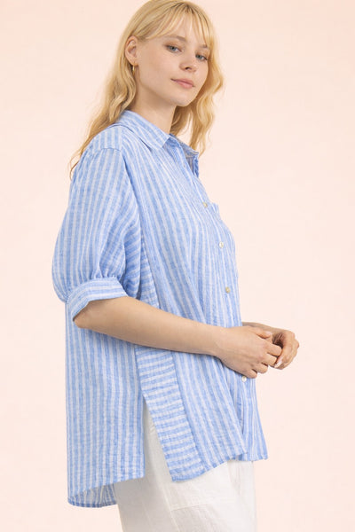 Striped Half Puff Sleeve Button Top