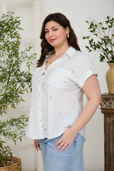 Floral Embroidery Pinstripe Collared Top