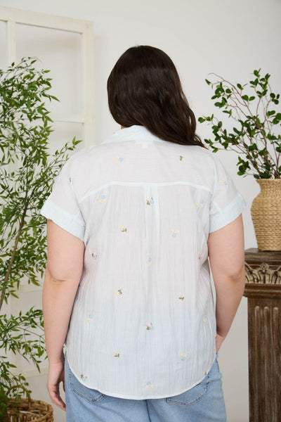 Floral Embroidery Pinstripe Collared Top