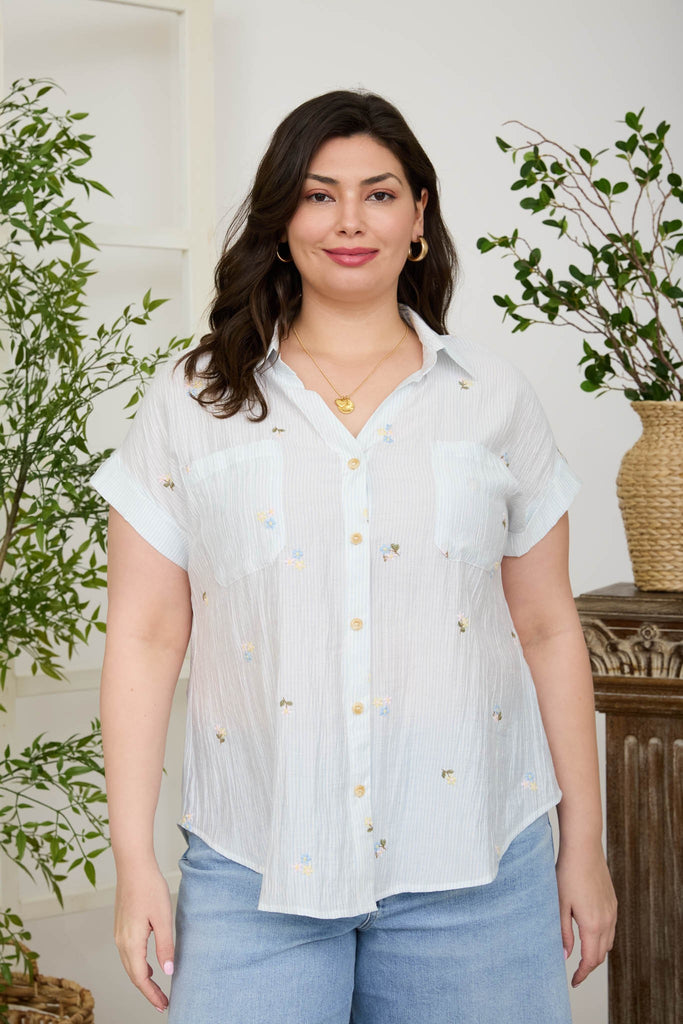 Floral Embroidery Pinstripe Collared Top