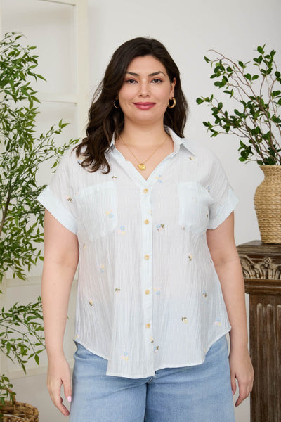 Floral Embroidery Pinstripe Collared Top