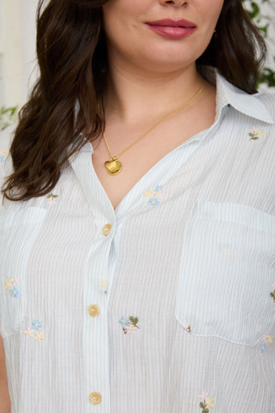 Floral Embroidery Pinstripe Collared Top