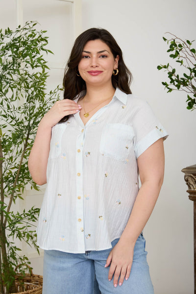 Floral Embroidery Pinstripe Collared Top
