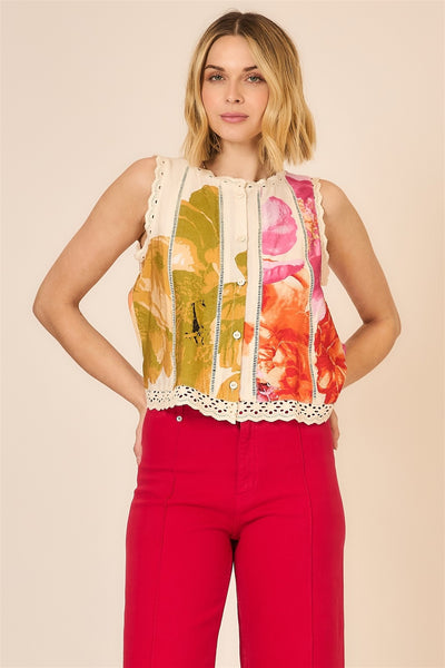 Floral Eyelet Trim Button Top