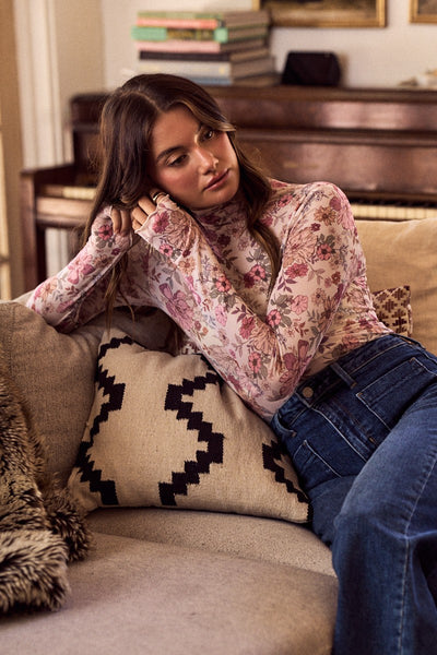Autumn Floral Mock Neck Mesh Sheer Long Sleeve Top