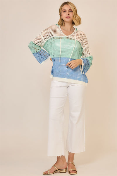 Open Knit Color Block Hooded Sweater