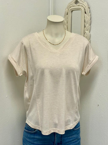 Oatmeal Ribbed V-Neck Rolled Sleeve