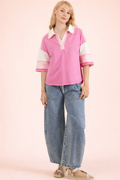 Half Sleeve Collared V-Neck Top