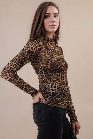 Leopard Mock Neck Mesh Sheer Long Sleeve Top