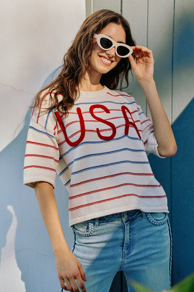 USA Knit Stripe Short Sleeve Sweater Top