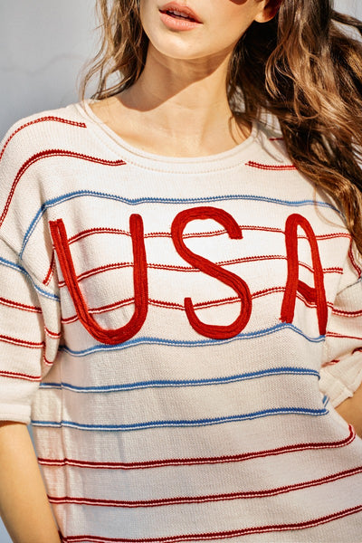 USA Knit Stripe Short Sleeve Sweater Top