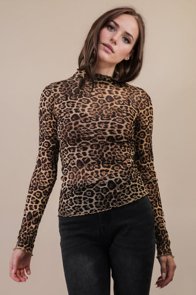 Leopard Mock Neck Mesh Sheer Long Sleeve Top