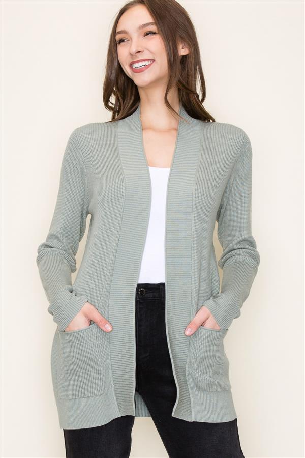 Green Cardigan Waffle Knit Cardigan Womens WAFFLE CARDIGAN GREEN