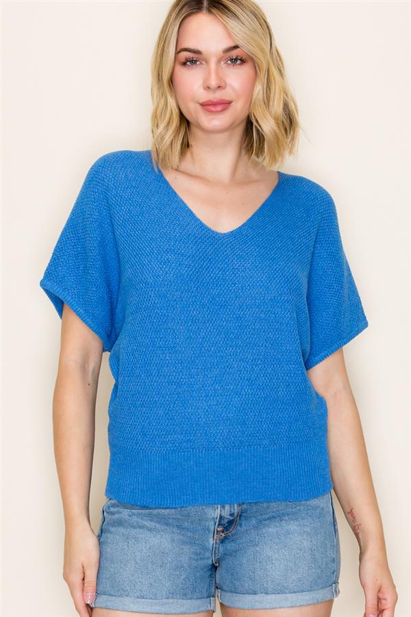 V-Neck Waffle Knit Short Sleeve Sweater