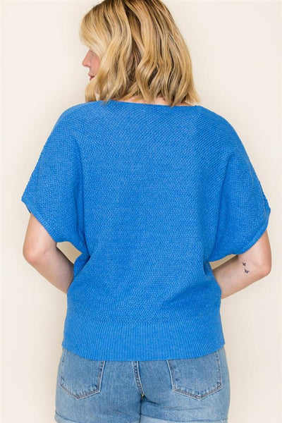 V-Neck Waffle Knit Short Sleeve Sweater