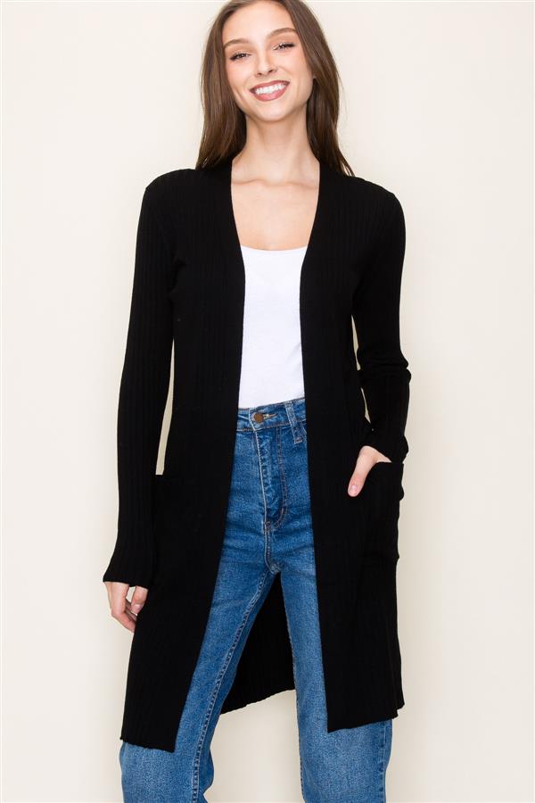 Vertical Ribbed Long Pocket Cardigan