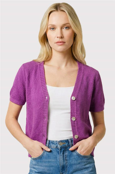Waffle Knit Short Sleeve V-Neck Cardigan