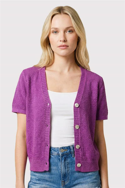 Waffle Knit Short Sleeve V-Neck Cardigan
