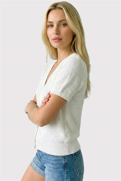 Waffle Knit Short Sleeve V-Neck Cardigan