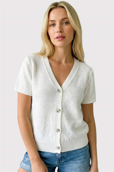 Waffle Knit Short Sleeve V-Neck Cardigan