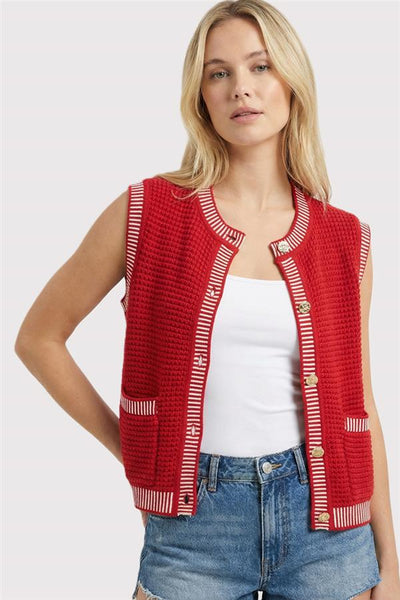 Red Patch Pocket Gold Button Cardigan Vest