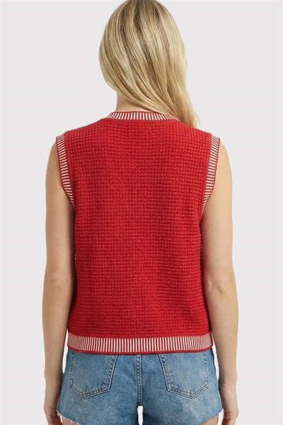 Red Patch Pocket Gold Button Cardigan Vest