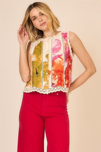 Floral Eyelet Trim Button Top