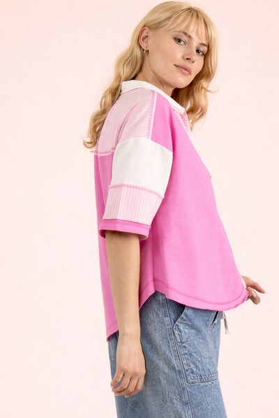 Half Sleeve Collared V-Neck Top