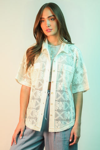 Crochet Short Sleeve Button Down Top