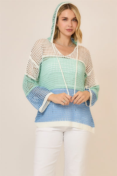 Open Knit Color Block Hooded Sweater