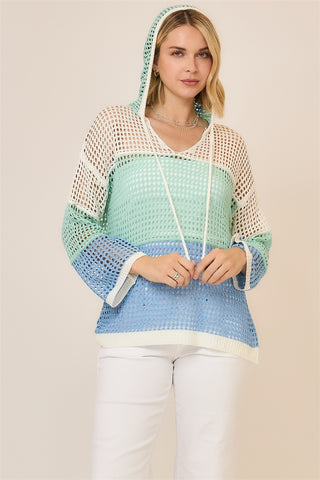 Open Knit Color Block Hooded Sweater