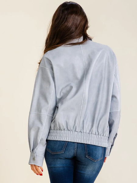 Blue Grey Faux Leather Jacket