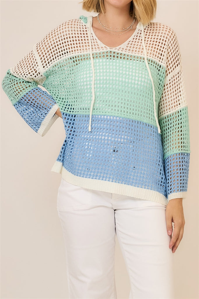 Open Knit Color Block Hooded Sweater