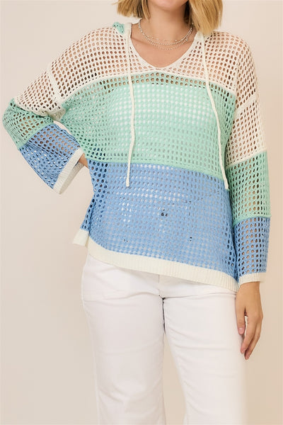 Open Knit Color Block Hooded Sweater