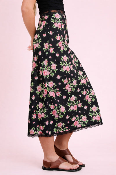 Silky Black Rose Midi Skirt