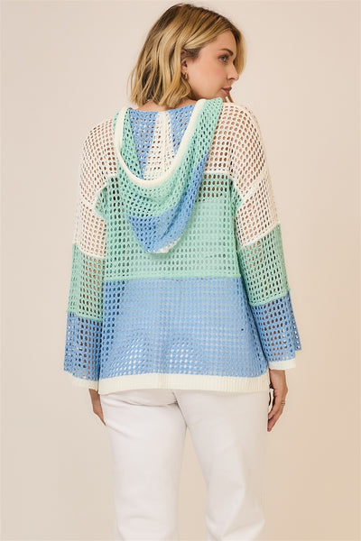 Open Knit Color Block Hooded Sweater