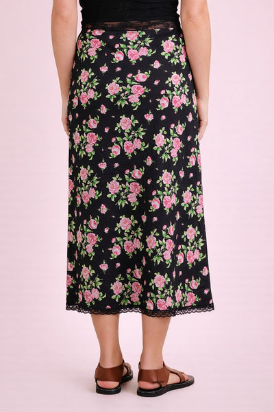 Silky Black Rose Midi Skirt