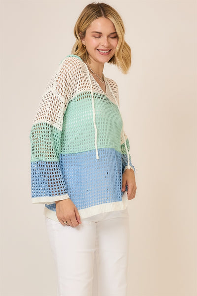 Open Knit Color Block Hooded Sweater