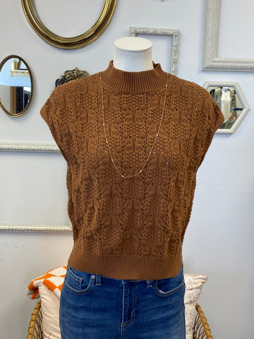 Mock Neck Open Knit Sweater Vest