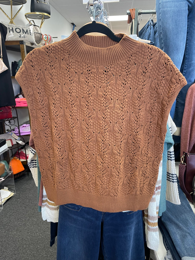 Mock Neck Open Knit Sweater Vest