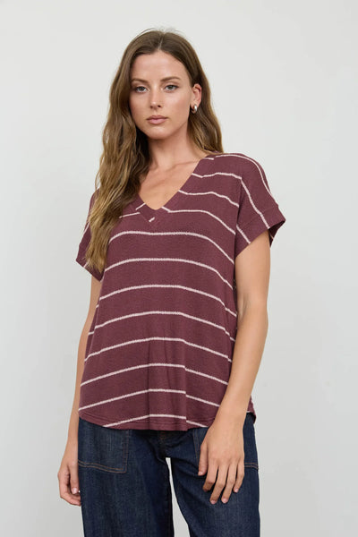 V-Neck Striped Short Sleeve Sweater