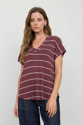 V-Neck Striped Short Sleeve Sweater