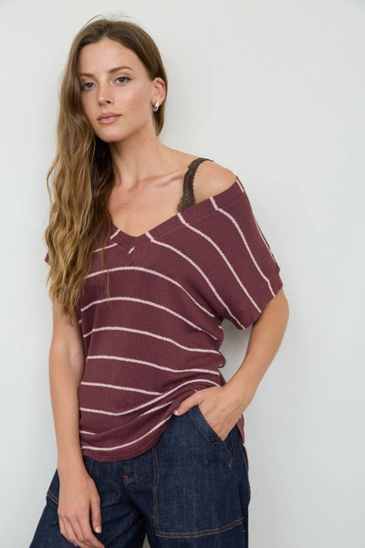 V-Neck Striped Short Sleeve Sweater