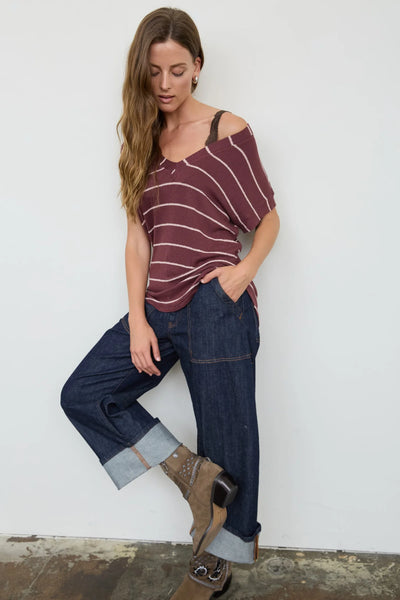 V-Neck Striped Short Sleeve Sweater