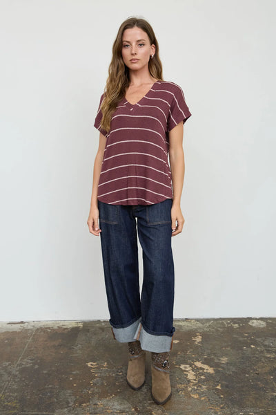 V-Neck Striped Short Sleeve Sweater