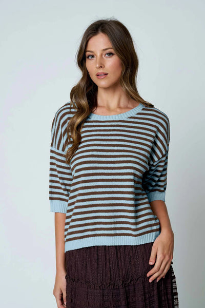 Button Back Striped Half Sleeve Sweater