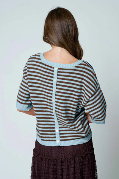 Button Back Striped Half Sleeve Sweater