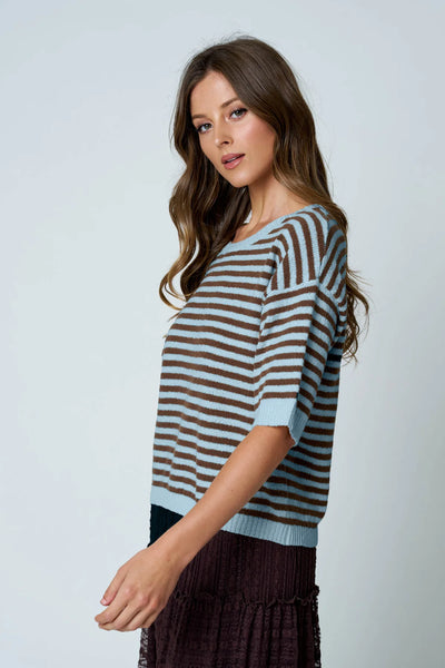 Button Back Striped Half Sleeve Sweater